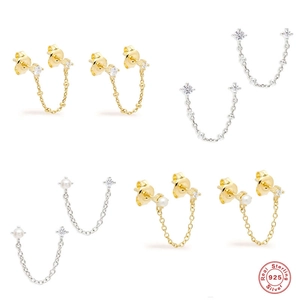 Double Piercing Link Chain Earrings Artificial Pearl AAAAA Cubic Zirconia 925 Sterling Silver Earring Post Minimalist For Women