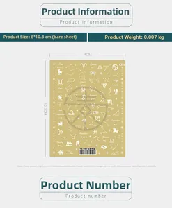 Detailed sheet of gold 5D zodiac nail stickers with constellations and symbols, 8x10.3cm