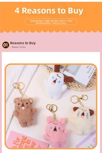 Close-up of fluffy plush dog keychains in various colors with golden metal clasps