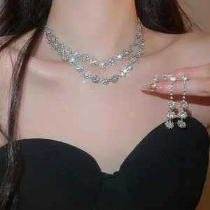 Elegant double-layer rhinestone flower necklace and tassel earring jewelry set for women