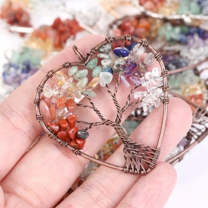 Handcrafted heart tree of life pendant with colorful natural chakra healing crystals