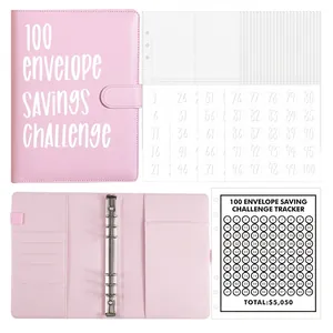 Pink PU binder for the 100 envelope savings challenge with clear inserts and tracker cards