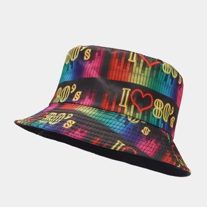 Close-up of retro 80's graffiti pattern and colorful spectral print on a black bucket hat