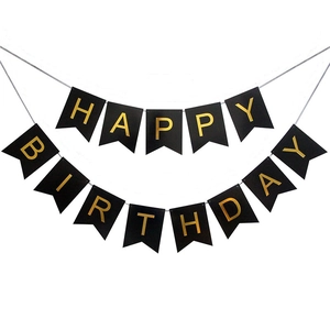 Black Happy Birthday paper banner with gold foil letters for party wall decoration