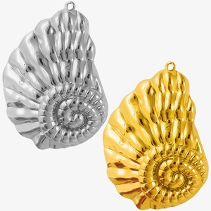 Macro detail of 304 stainless steel shell pendants in gold and silver with relief texture