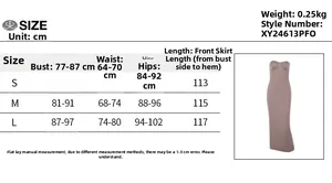 Detailed size guide for knitted bodycon dress showing measurements from S to L sizes