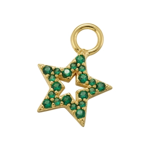 Macro detail of star-shaped pendant in gold finish with embedded green zircon stones