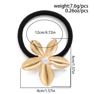 Detail view of elastic hair tie with dimensions showing the gold flower and pearl accent