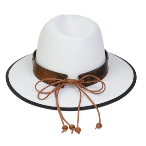 Detail of white fedora hat featuring a black brim edge and brown band with wooden beads