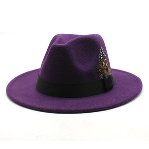 Close-up of a purple fedora hat with black grosgrain ribbon and feather detailing