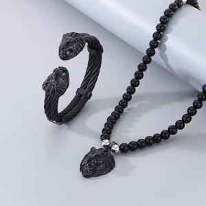 Men's 8mm black onyx bead necklace and stainless steel lion head cable wire bracelet set