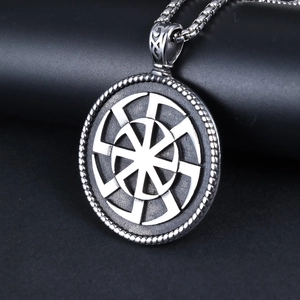 Retro Viking sun wheel round stainless steel pendant necklace for men in silver finish