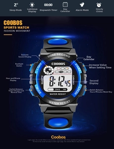 Detail view of multifunctional digital sports watch with stopwatch and LED backlight display