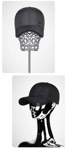 Detail view of black quilted baseball cap with rhombus texture and sport fashion label