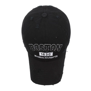 Vintage black washed baseball cap with Boston embroidery and distressed edge detailing