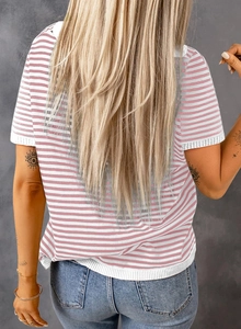 Rear view detail of pink and white striped short sleeve sweater with ribbed cuffs