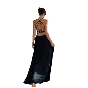 Sexy black backless maxi dress with cross strap design for women in a slim fit style