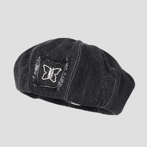 Denim Beret Hat For Women Retro Washed Cotton Butterfly Patch Sweet Vintage French Style Adjustable