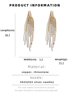 Detailed size specifications for gold long tassel earrings with S925 silver needles