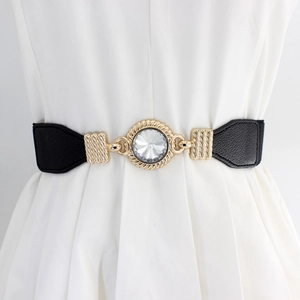 Women Elastic Waist Belt Rhinestone Alloy Buckle Vintage Stretch Cinch Belt For Dresses Coats Thin Waistband Accessories