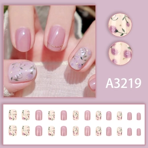 Sweet floral press-on nails with lavender and cream patterns in model A3219 set