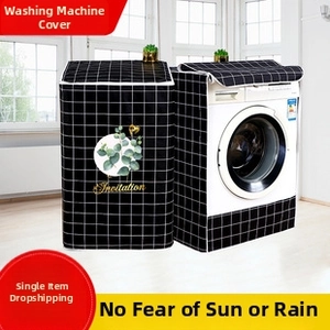 Waterproof washing machine cover with black and white checkered pattern and leaf motif