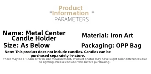 Detailed specifications for iron candle holder including material info and packaging details