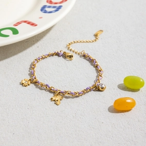 18K gold stainless steel clover and palm tree charm bracelet with purple braided rope
