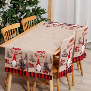 Christmas table runner and chair covers set with gnome design and red buffalo plaid trim