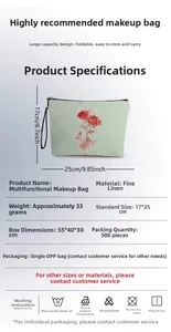 Linen makeup bag detail with floral rose print showing dimensions 17x25cm and weight 33g