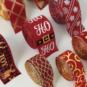 Nastri natalizi in lino stampato in oro con motivi JOY per confezioni regalo festive