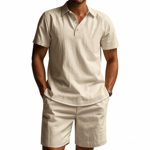 Close-up of beige men's linen polo and shorts set showing natural fabric texture