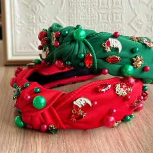 Christmas rhinestone knotted headband with festive pearls and holiday bell ornaments