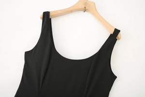 Detail of classic black scoop neck and smooth knitted fabric on a sleeveless midi dress