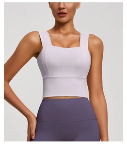 Detail of square neck lavender sports bra with wide shoulder straps for maximum support
