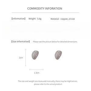 Detailed size specifications for zircon hoop earrings with 2cm height and 1.3cm width