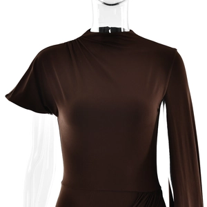 Detail of elegant brown slim-fit dress with high collar and ruched texture details