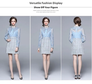 Detailed three-way views of a light blue tweed dress with lace bodice and beaded embroidery