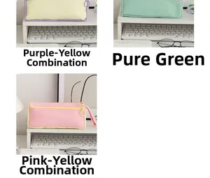 Three-grid layout showing colorful canvas pencil cases with large ring zippers