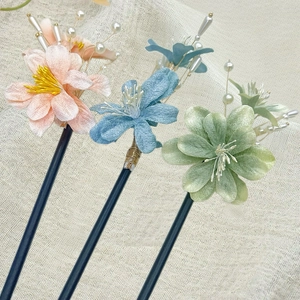 Épingles à cheveux en fleurs de velours avec perles rose bleu et vert pour Hanfu
