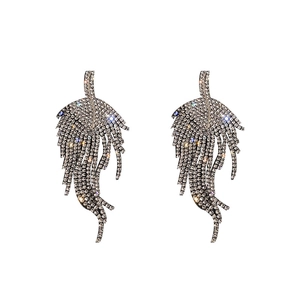 Elegant silver leaf tassel earrings with sparkling rhinestones for women jewelry