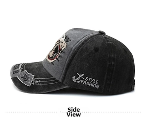 Side view of washed grey cotton baseball cap with anchor embroidery and vintage distressing