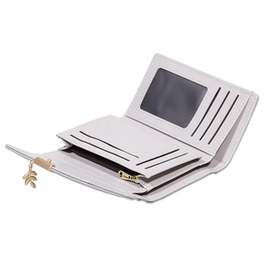 Quilted long PU leather bifold wallet featuring multiple card slots and leaf pendant