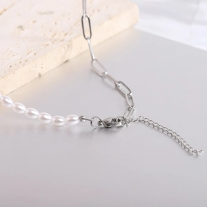 Mixed pearl and stainless steel paperclip chain necklace with OT toggle clasp and lobster hook