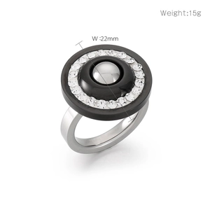 Close-up of a silver stainless steel ring with black inlay and white zircon stones