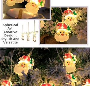 Detailed close-up of warm yellow LED Christmas lights with Santa Claus head decorations