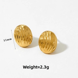 Detail of gold oval stud earrings with vertical texture measuring 11mm in height