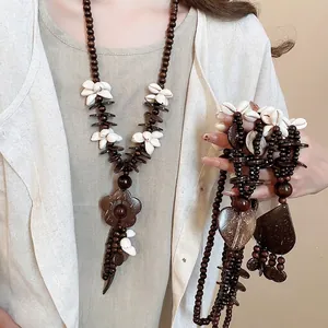 Bohemian Ethnic Long Necklace For Women Handmade Wood Beads Coconut Shell Heart Flower Pendant Vintage Style