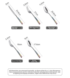 Size chart showing stainless steel flatware dimensions for colorful checkered cutlery set