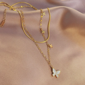 Double-layer gold stainless steel necklace with butterfly pendant and star charms